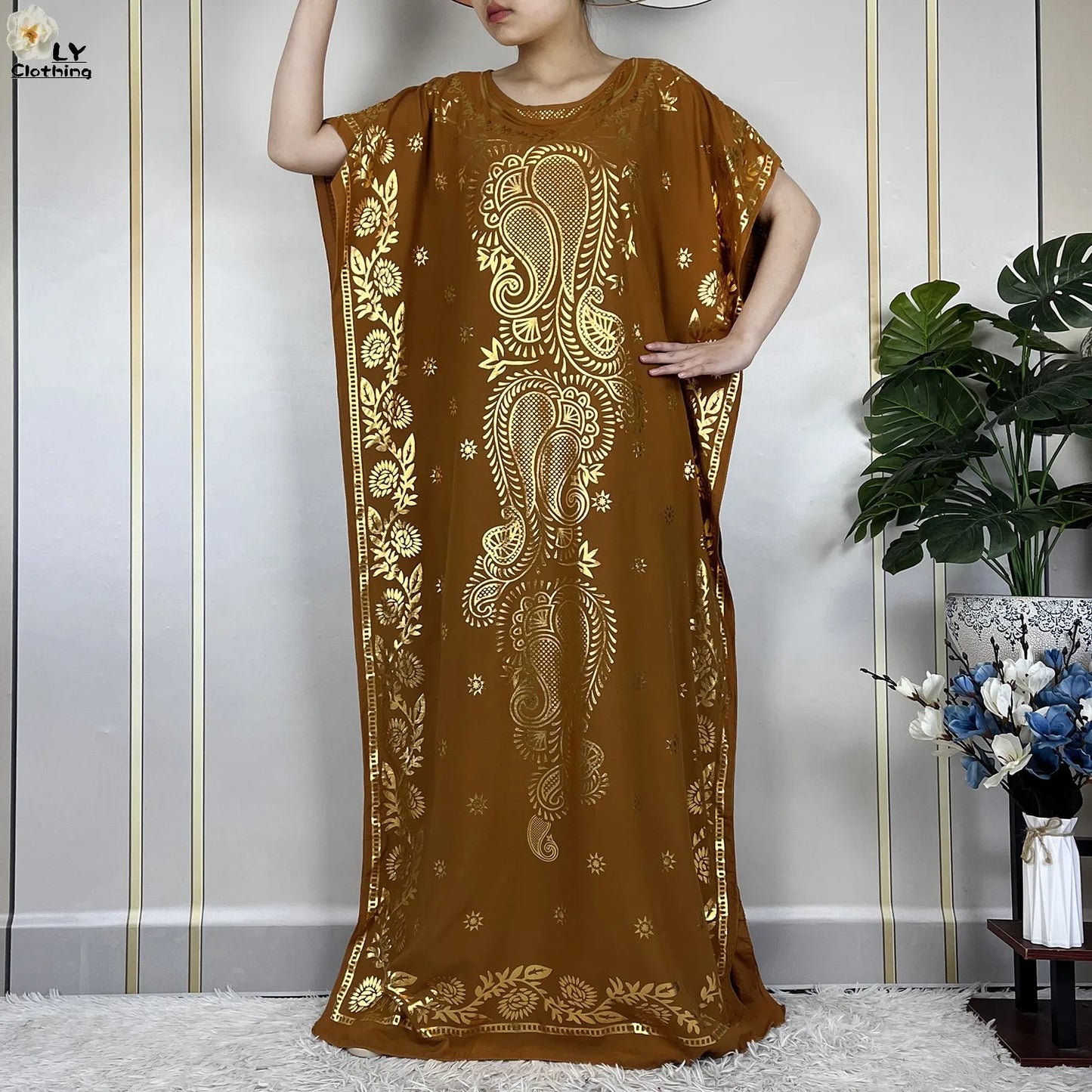 New Summer Woman Short Sleeve Loose Dress Gold Stamping African Abaya