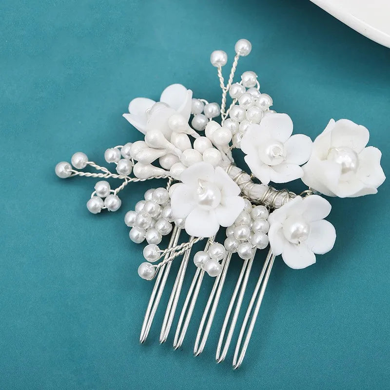 White Pearl Flower Hair Combs Jewelry Bridal Tiaras Women Headband Bridal Hair Jewelry Wedding Hair Accessories For Bride