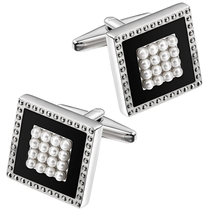 HAWSON Fashion Square Cufflink and Studs Set for Men Elegant Jewelry Cuff Button Inlaied Pearl Best Gifts with HAWSON LOGO