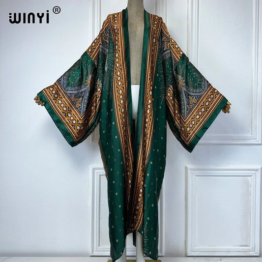 WINYI Kimono Women Summer Bohemia Print Long Sleeve Cardigan Female Blouse abaya beachwear Cover Up boho maxi dress party kaftan