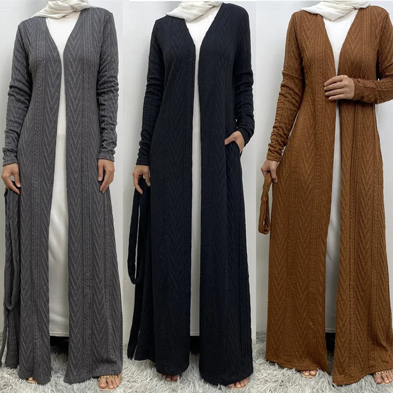 New linen kimono open style Abaya high-quality pocket Dubai dignified Muslim women's cardigan