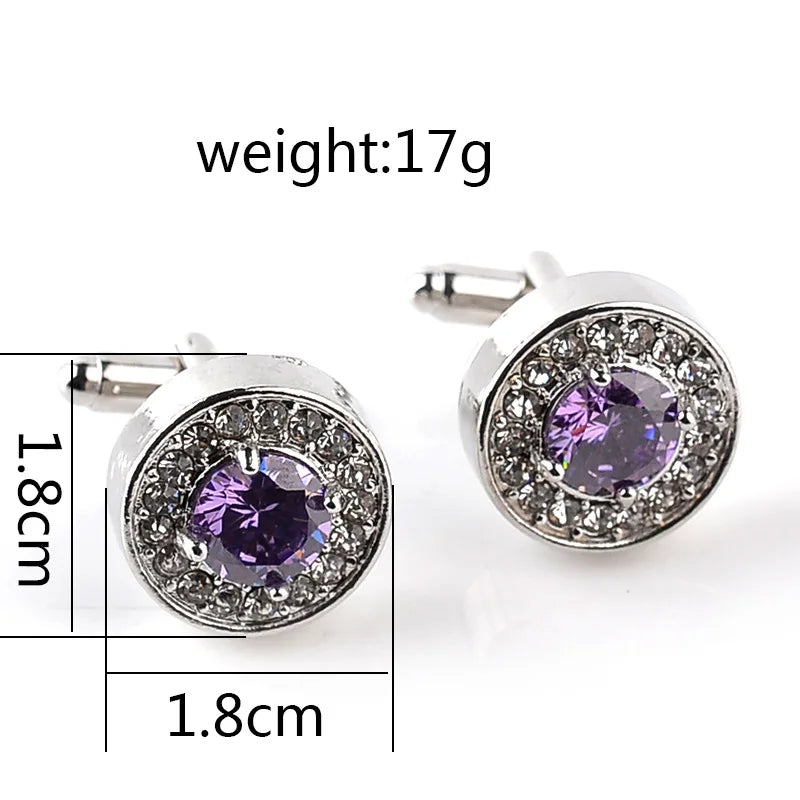 Luxury High-grade jewelry Men's White Purple Enamel Crystal Cufflinks Round Wedding Party Cufflink French shirt Cuff Buttons