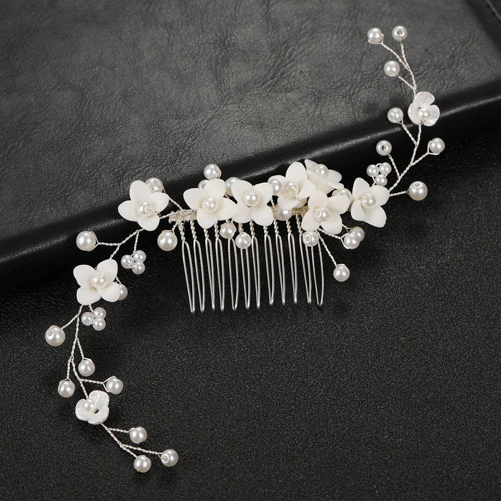 White Pearl Flower Hair Combs Jewelry Bridal Tiaras Women Headband Bridal Hair Jewelry Wedding Hair Accessories For Bride