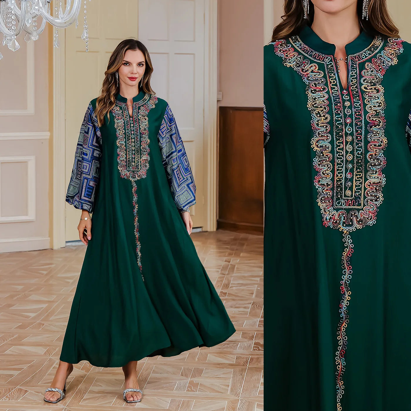 Luxury Dubai  Women Muslim Dress Embroidery Beaded Kaftan Turkey Caftan Robe Femme Musulmane