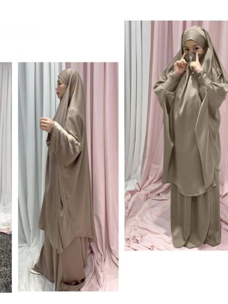 Two Piece Set Prayer Garment Dress Muslim Women Mommy Kids Girls Family Matching Sets Abaya  Long Khimar Musulman Skirt jilbab