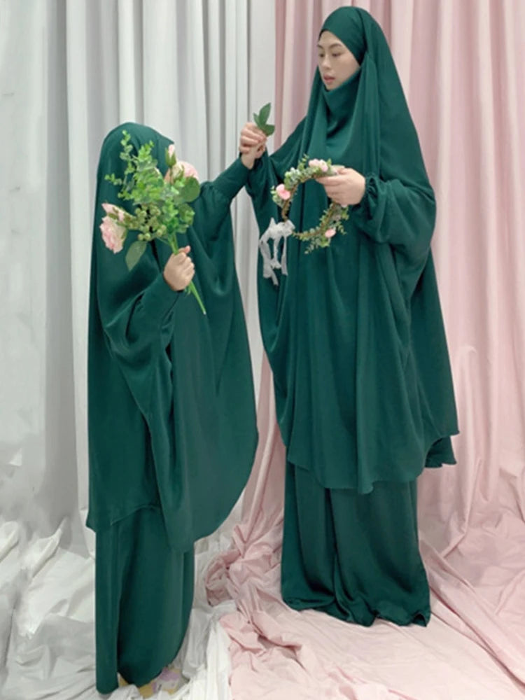 Two Piece Set Prayer Garment Dress Muslim Women Mommy Kids Girls Family Matching Sets Abaya  Long Khimar Musulman Skirt jilbab