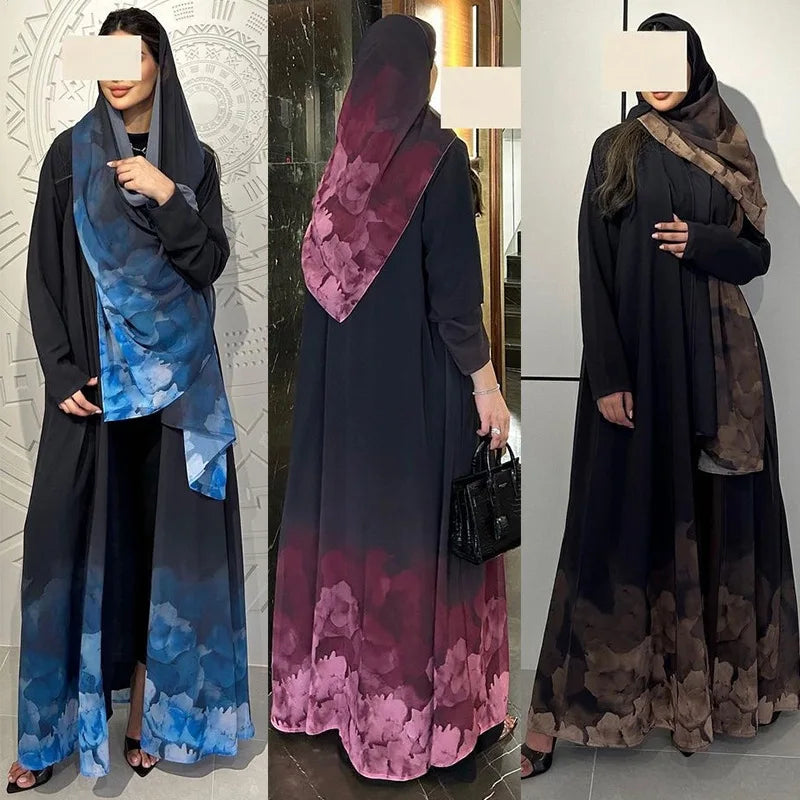 Print Open Kimono Abaya Dubai Luxury Islam Muslim Kaftan Dress Abayas Hijab Set Women Robe Caftan Marocain Femme Musulmane