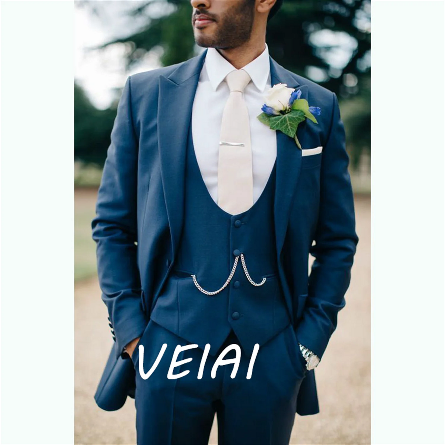 Tailor Made Peak Lapel Navy Blue One Button Suit Men