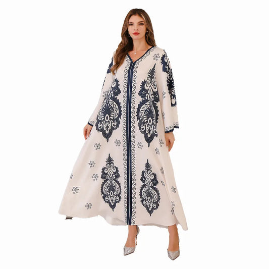 Evening Party Abaya Arab Dubai V-Neck Loose Moroccan Kaftan Dubai Elegant Hot Drilling Print Dress Women's Prayer Garment