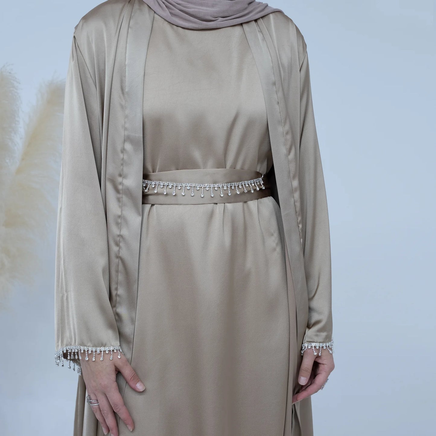 Satin Abaya 2 Pieces Set Solid Color Abayas Beige Simple Kaftan Dubai