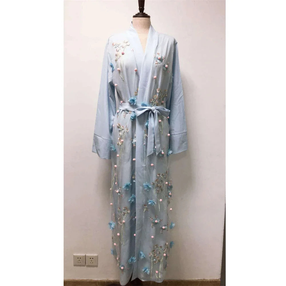 Muslim Women 3D Flower Embroidery Abaya Open Kimono Arab Robe Long Dress Islamic Kaftan Robe Party Evening Elegant Gown Autumn