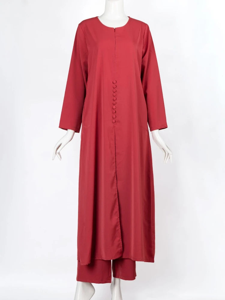 Muslim Abaya Dress Set 2 Piece Women Long Dress Arab Turkey Dubai Split O Neck Long Sleeve Top Eid Ramadan Islamic Ropa Pant Set