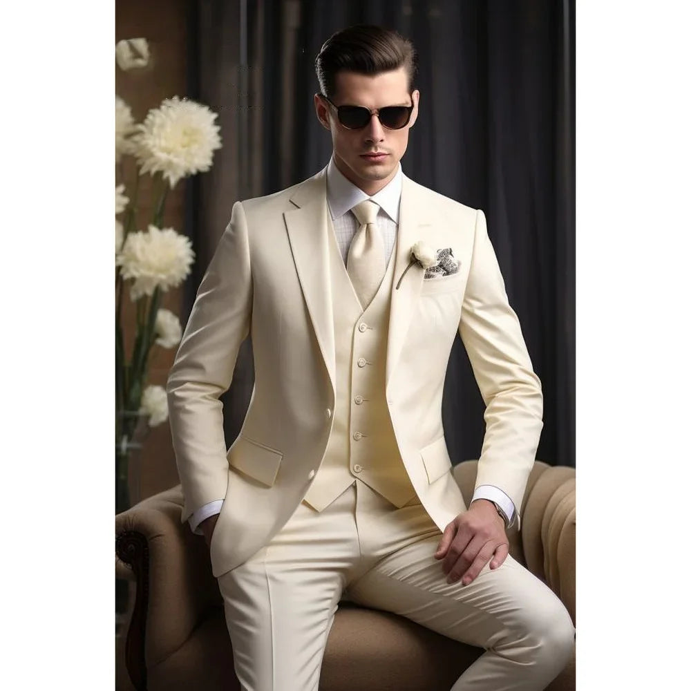 Fashion Ivory Notch Lapel Single Breasted Men Suits Slim Groom Wedding Tuxedo 3 Piece