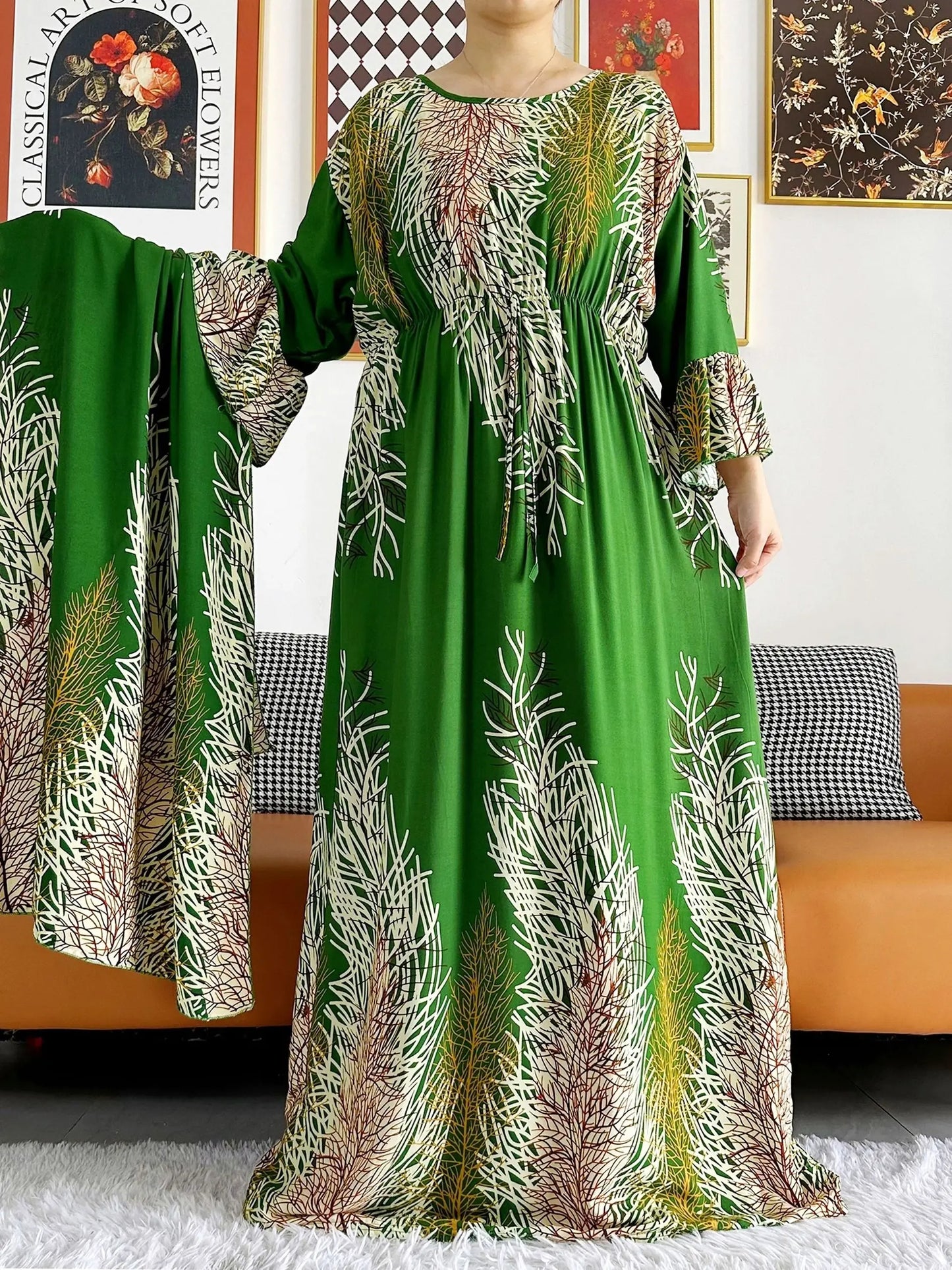 New Women Long Sleeve Dashiki Dress African Woman Print Turban Kaftan Abaya Ramadan Eid Muslim Hijab Dresses Femme Arabia Amira