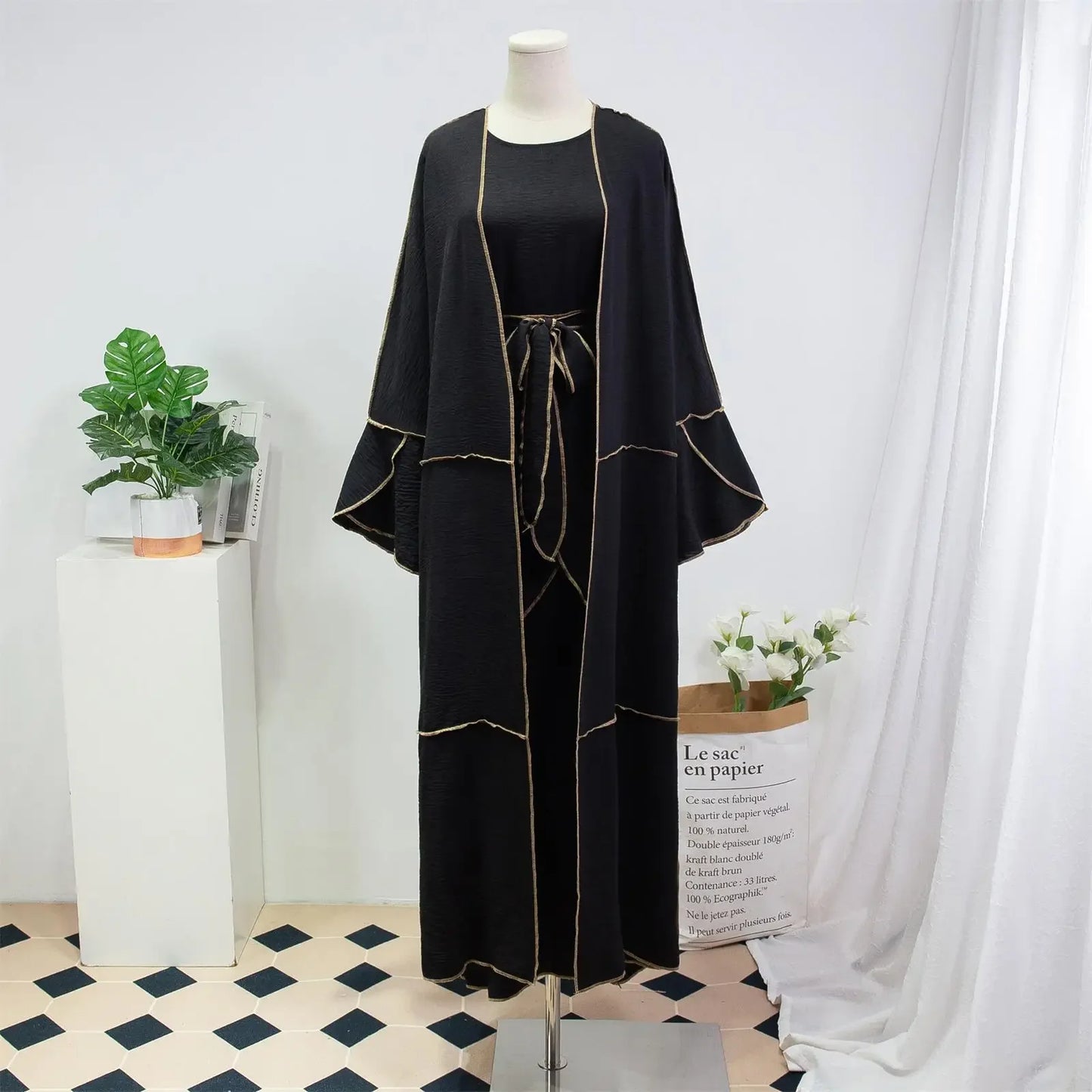 3Pcs Women Out Abaya Muslim Sets Jilbabs Loose Cardigan Coat Sleeveless Inner Dress Three Pieces Prayer Clothing With Upbind