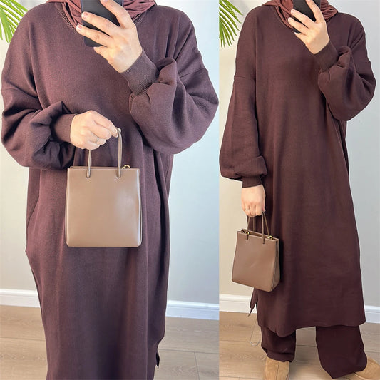 Muslim Women Winter Abaya Sweater 2 Piece Sets Matching Suit Thick Knitted Long Dress with Pants Autumn Islam Modest Outfit Gown