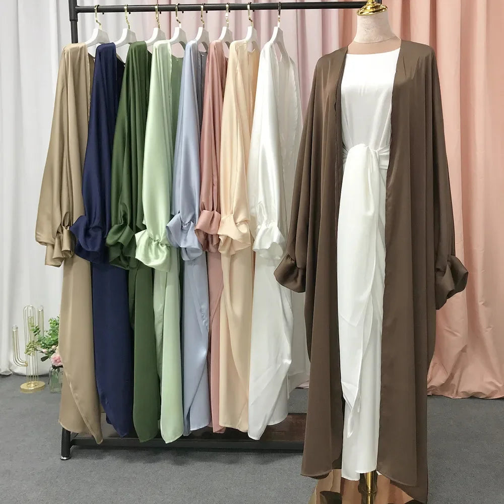 Satin Open Abaya Kimono Femme Musulmane Puff Sleeve Muslim Hijab Dress Islam Abayas for Women Dubai Kaftan Clothing