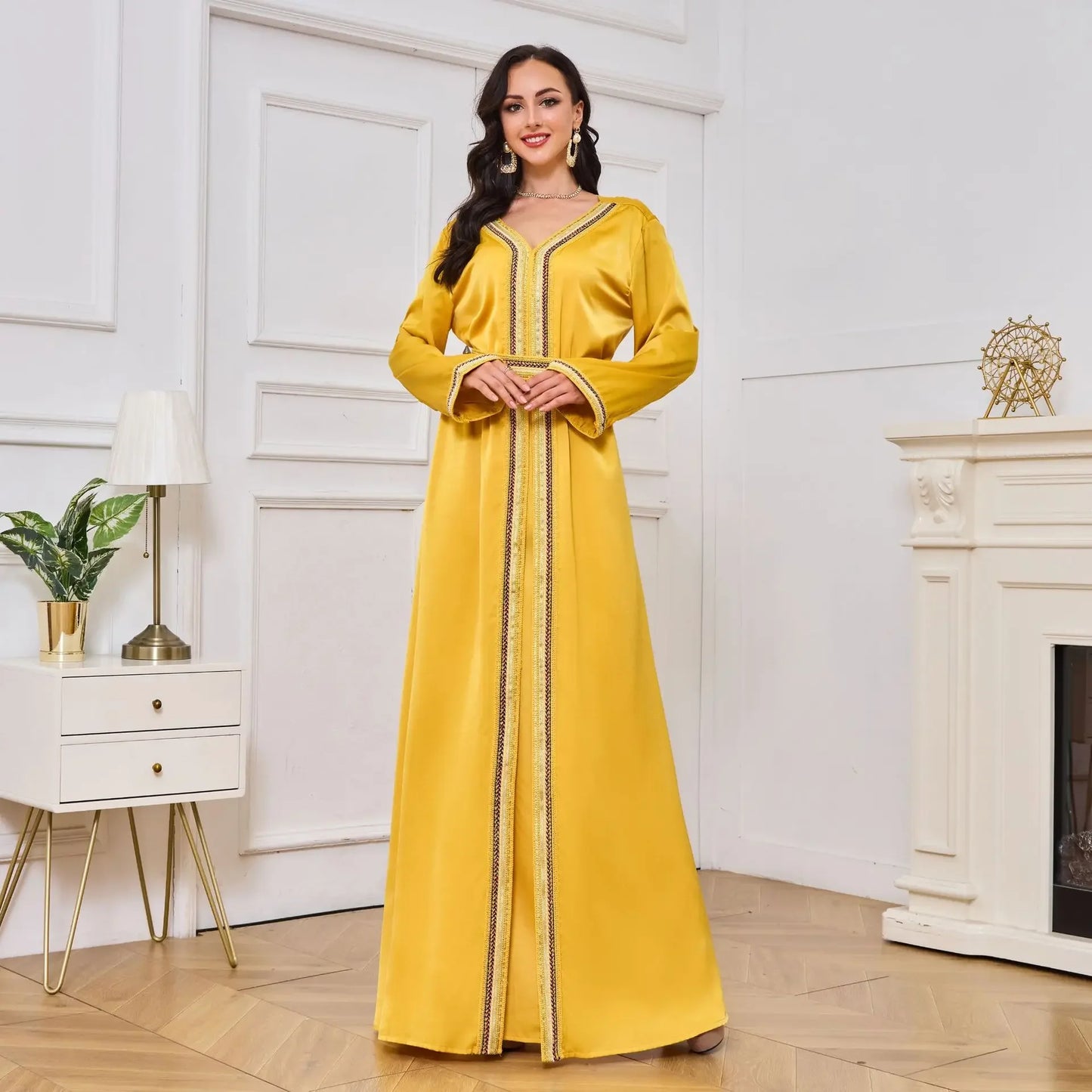 Split Party Yellow Dress Muslim Abaya for Women Arabia Long Sleeve