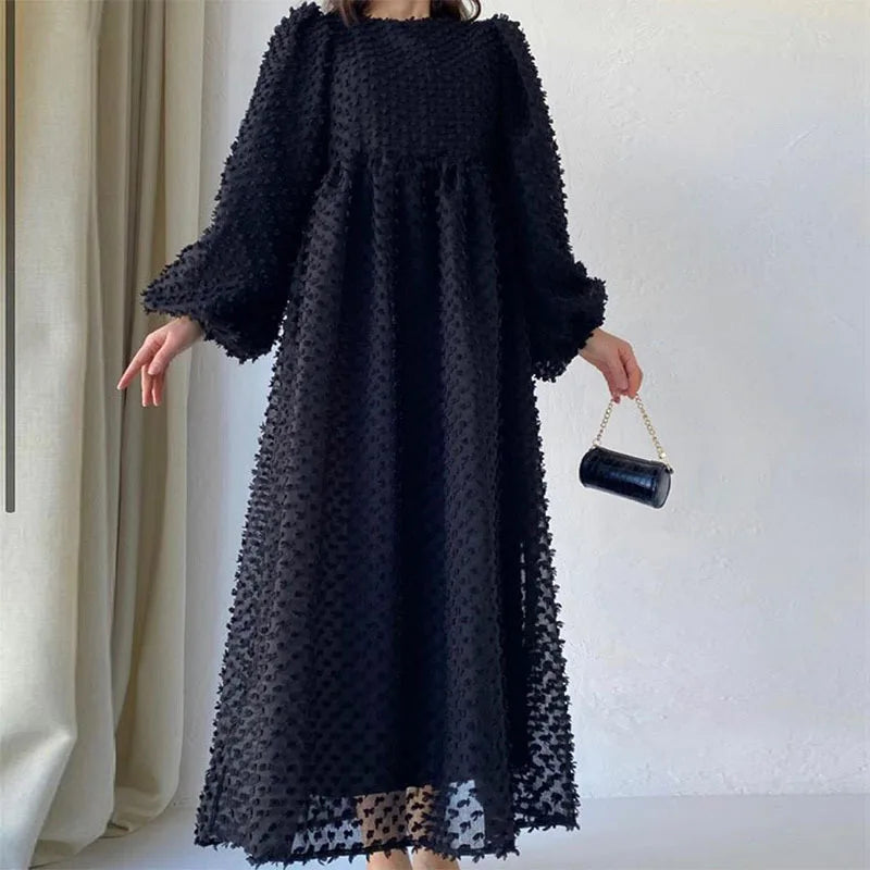 Middle East Saudi Arabia Morocco New Solid Round Neck Lantern Long Sleeve Fashion Dubai Islamic Swing Malaysia Dress Women Abaya