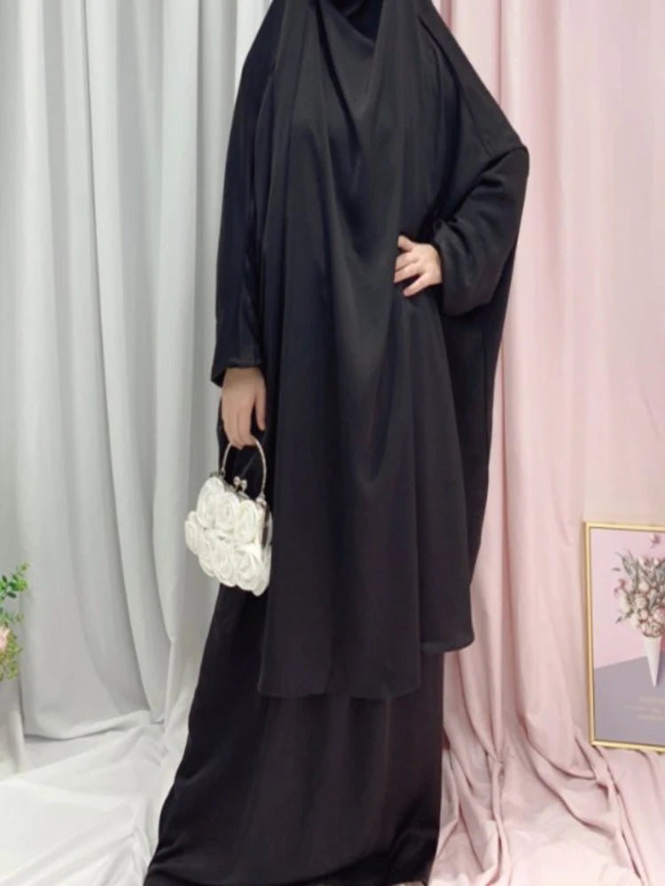 Two Piece Set Prayer Garment Dress Muslim Women Mommy Kids Girls Family Matching Sets Abaya  Long Khimar Musulman Skirt jilbab