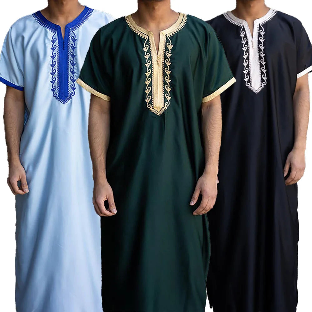 New In Men's Moroccan Gandoura Muslim Kaftan Traditional Ramadan Prayer Long Sleeve Embroidery Ethnic Clothing