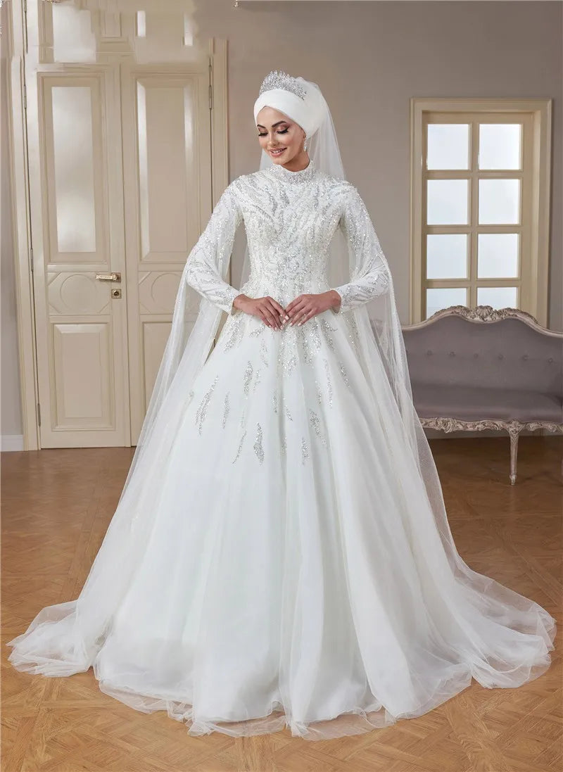 Muslim Wedding Dress High Neck Luxury Beaded Islamic Hijab Bridal Gow