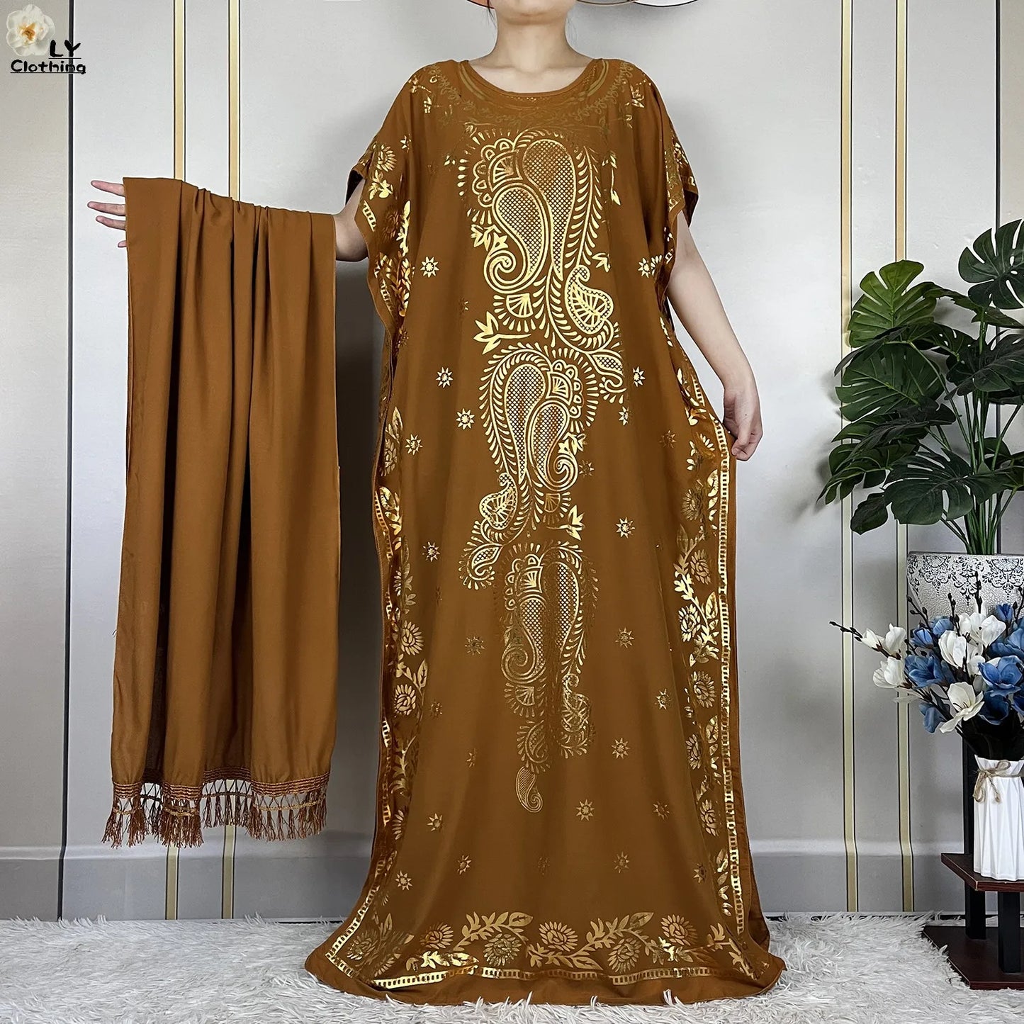 New Summer Woman Short Sleeve Loose Dress Gold Stamping African Abaya