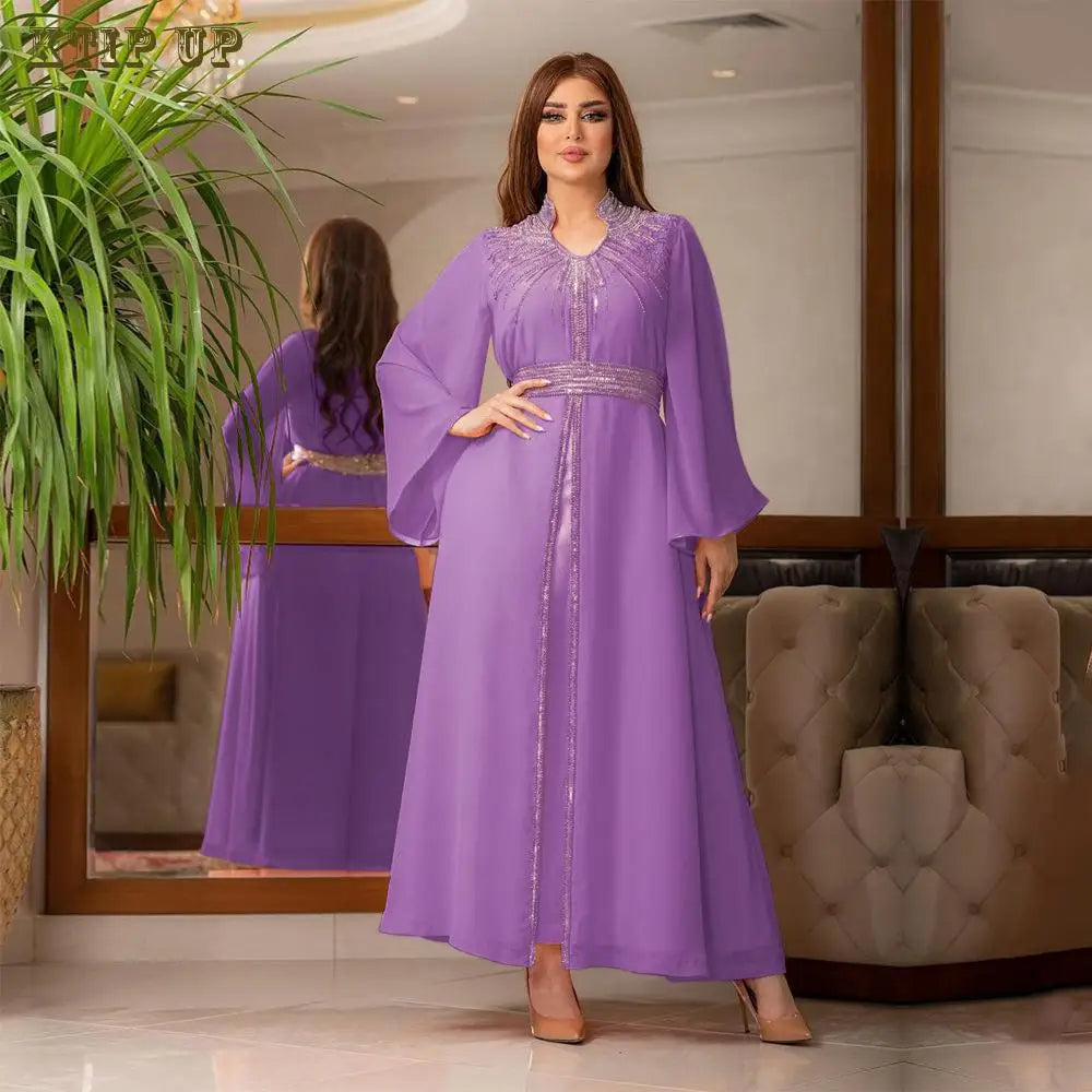 Middle East Kaftan Muslim Fashion Hot Diamond Chiffon Dress with Belt, Jalabiya, Dubai, Islam, Turkey