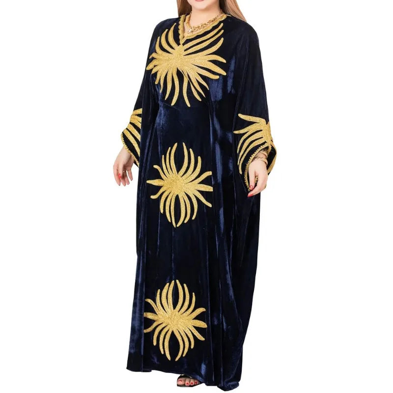 Navy Blue Velvet Fabric Morocco Dubai Long Shirt Abaya Embroidery Work Long Dress Fashion Trend