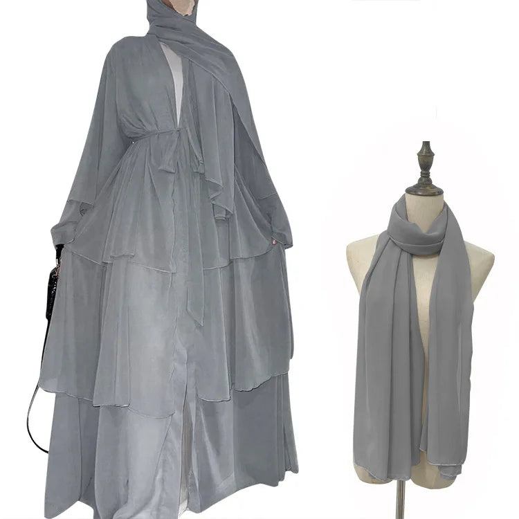 Robe Femme Musulmane Fashion Stitching Three-layer Chiffon Elegant Cardigan Dress Gown Abayas for Women Dubai Open Abaya Kimono