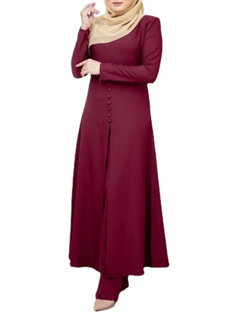 Muslim Abaya Dress Set 2 Piece Women Long Dress Arab Turkey Dubai Split O Neck Long Sleeve Top Eid Ramadan Islamic Ropa Pant Set