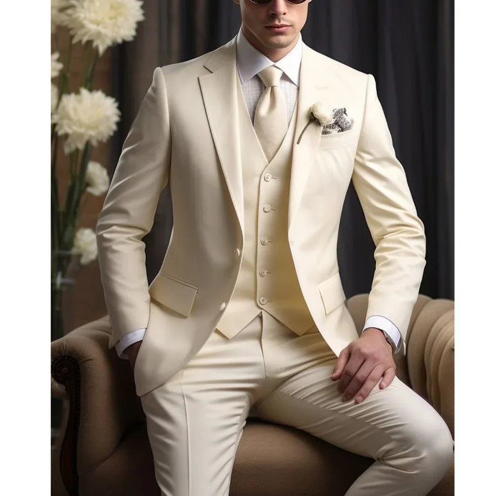 Fashion Ivory Notch Lapel Single Breasted Men Suits Slim Groom Wedding Tuxedo 3 Piece