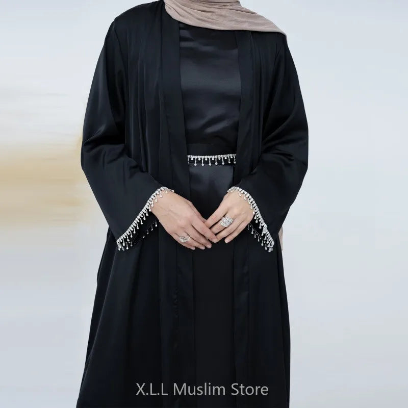 Satin Abaya 2 Pieces Set Solid Color Abayas Beige Simple Kaftan Dubai