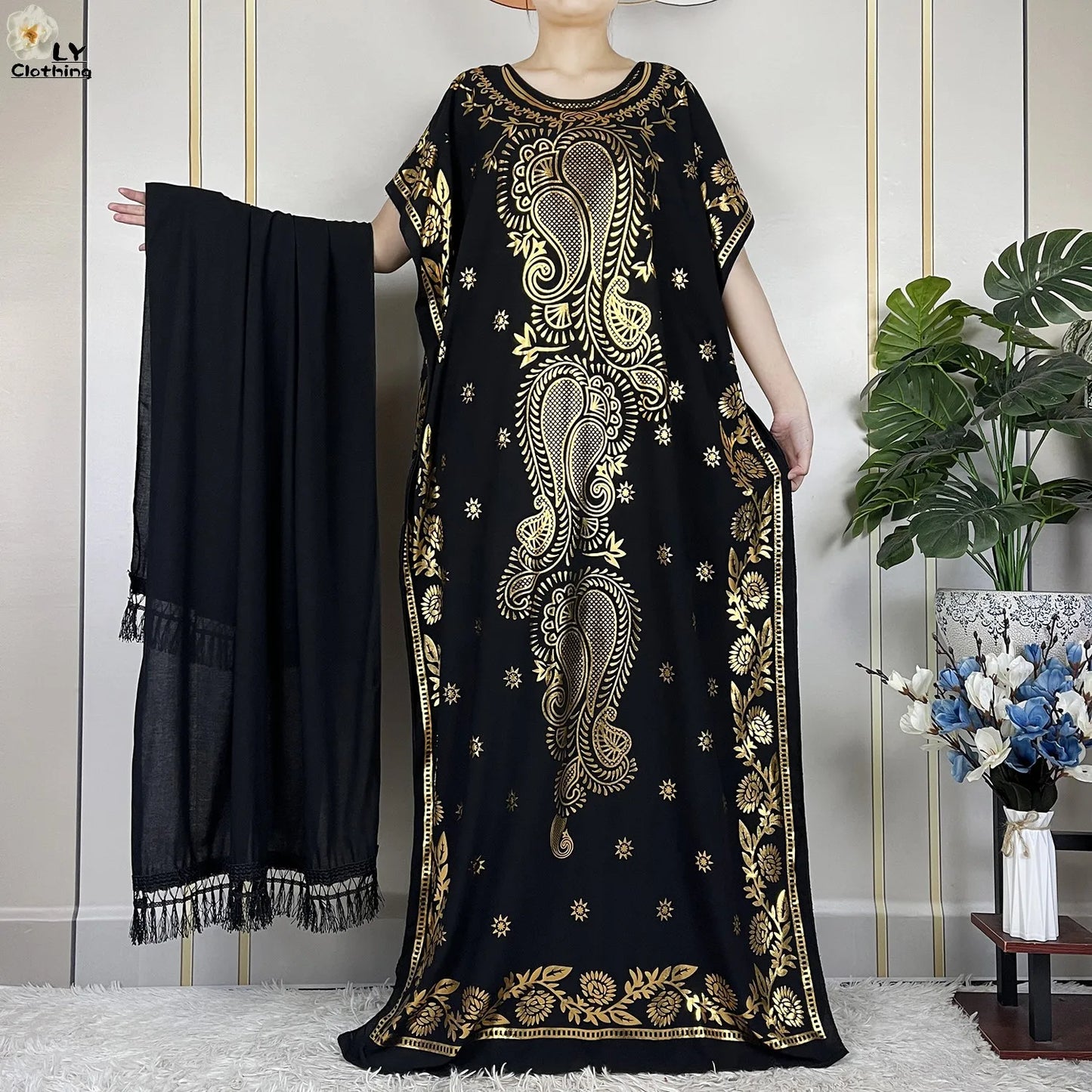 New Summer Woman Short Sleeve Loose Dress Gold Stamping African Abaya