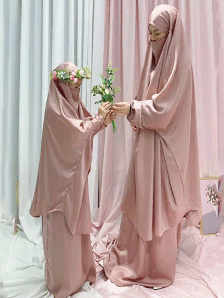 Two Piece Set Prayer Garment Dress Muslim Women Mommy Kids Girls Family Matching Sets Abaya  Long Khimar Musulman Skirt jilbab