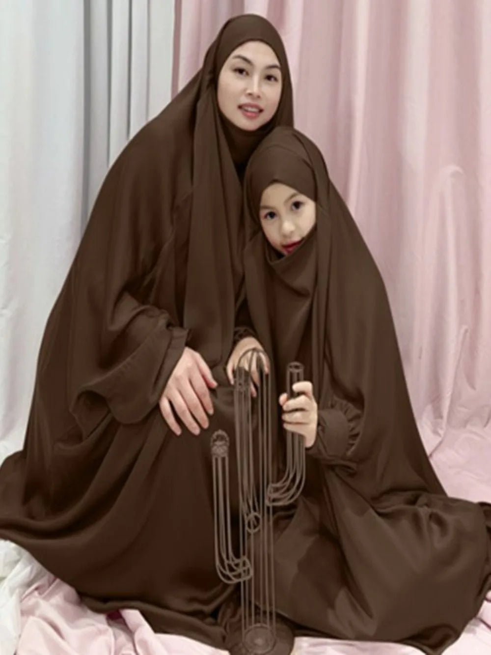 Two Piece Set Prayer Garment Dress Muslim Women Mommy Kids Girls Family Matching Sets Abaya  Long Khimar Musulman Skirt jilbab