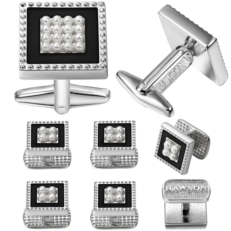 HAWSON Fashion Square Cufflink and Studs Set for Men Elegant Jewelry Cuff Button Inlaied Pearl Best Gifts with HAWSON LOGO