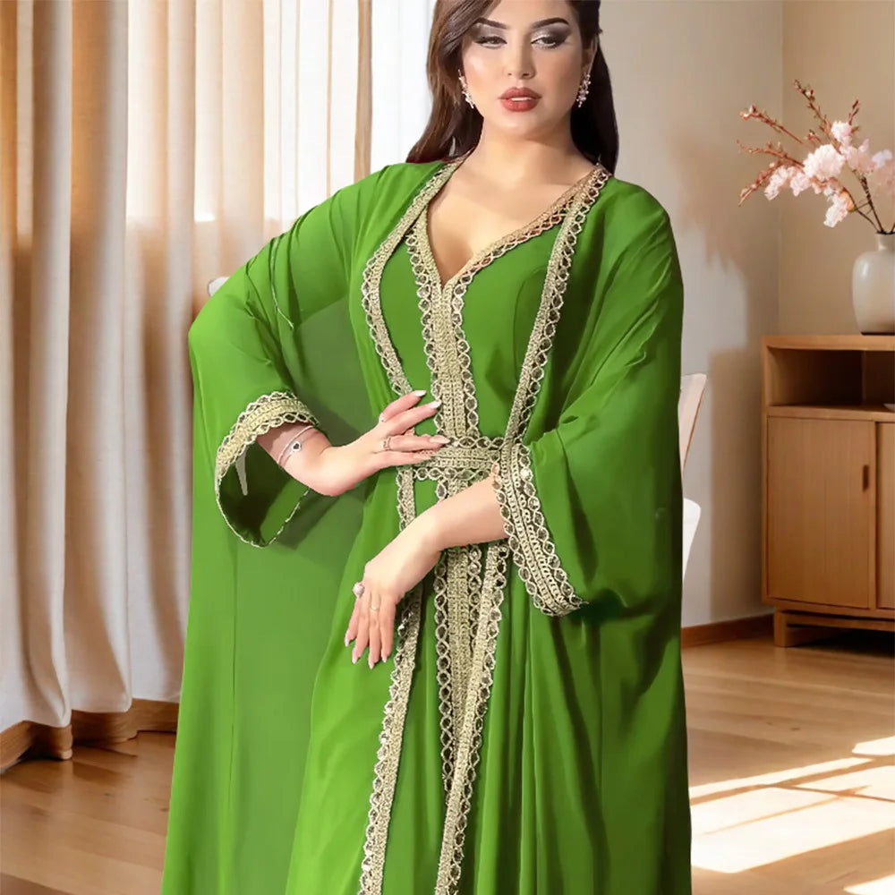 2024 Abayas for Women Dubai Elegant Muslim Women Dress 2 Piece Set Chiffon Long Sleeve Kaftan Plus Size Party Robes Outfits