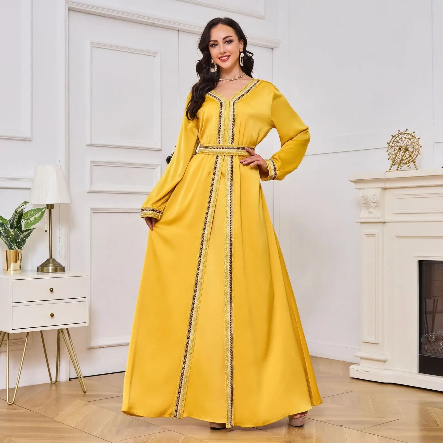 Split Party Yellow Dress Muslim Abaya for Women Arabia Long Sleeve