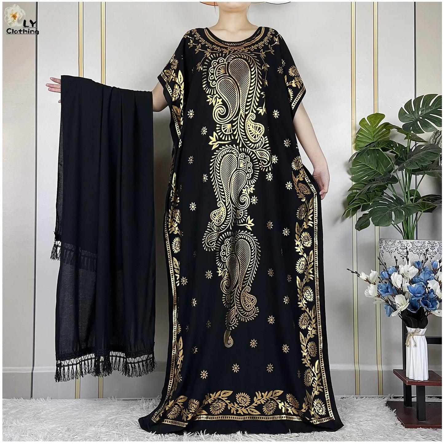 New Summer Woman Short Sleeve Loose Dress Gold Stamping African Abaya