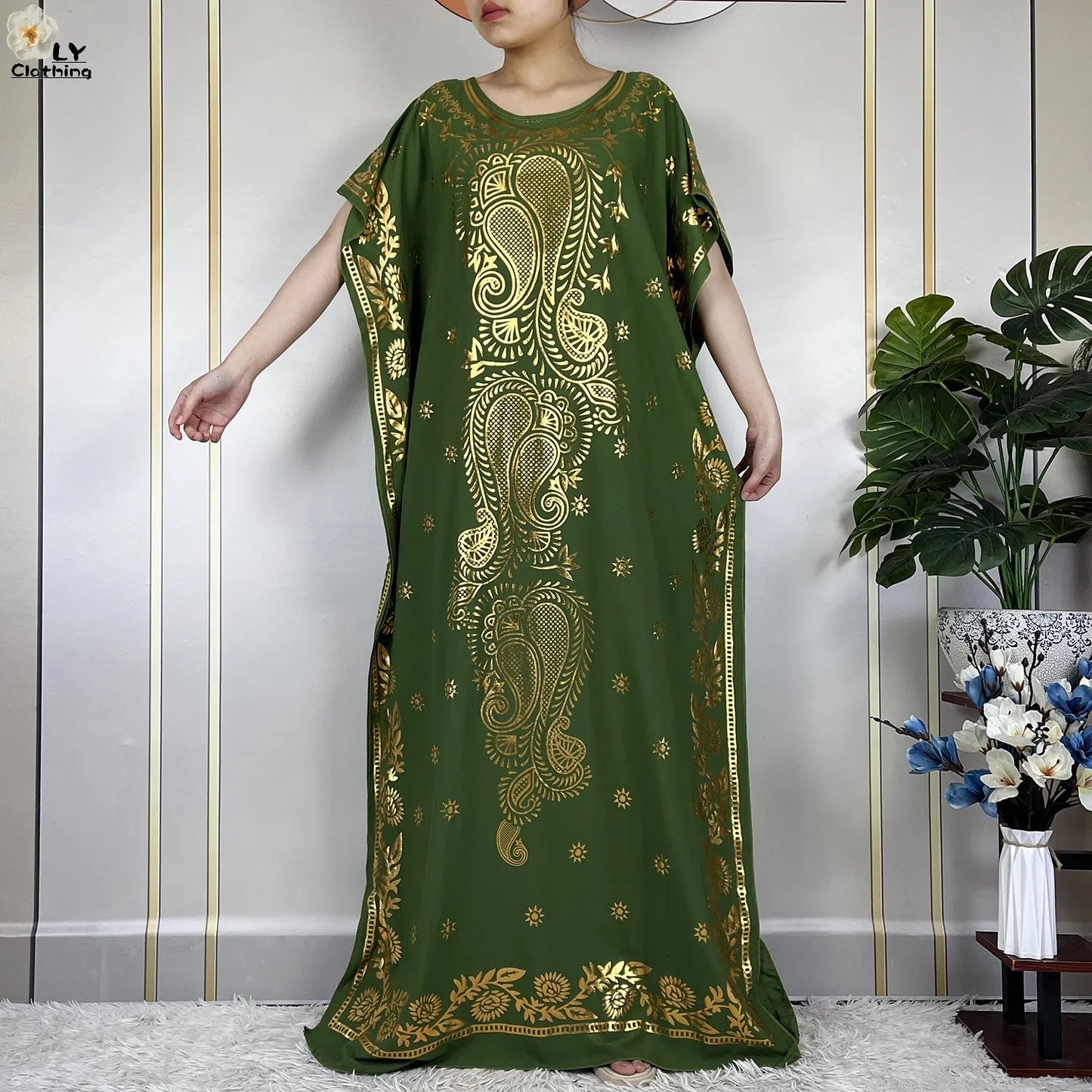 New Summer Woman Short Sleeve Loose Dress Gold Stamping African Abaya