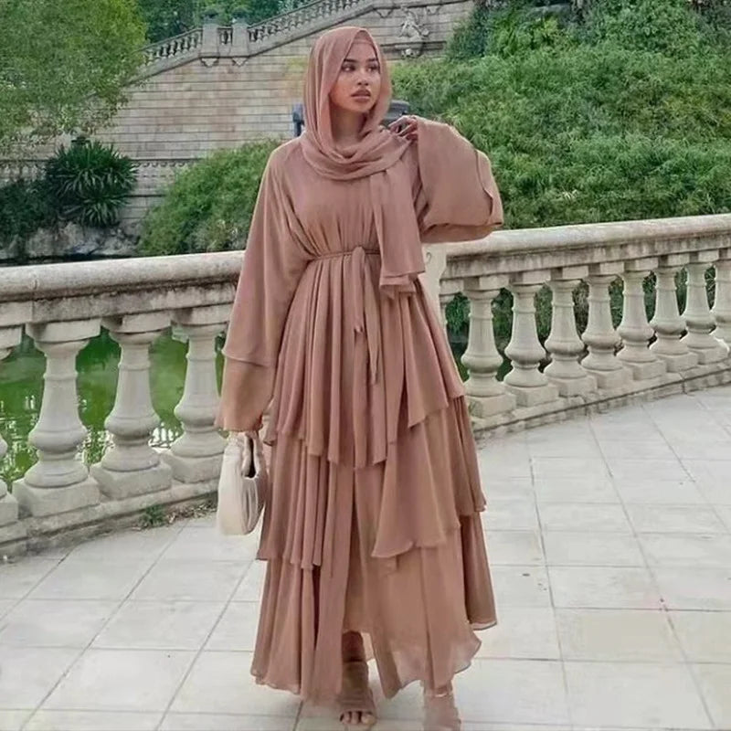 Robe Femme Musulmane Fashion Stitching Three-layer Chiffon Elegant Cardigan Dress Gown Abayas for Women Dubai Open Abaya Kimono