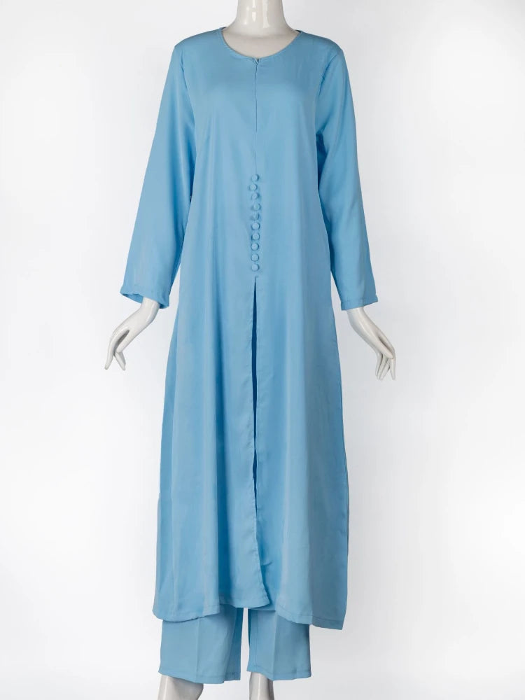 Muslim Abaya Dress Set 2 Piece Women Long Dress Arab Turkey Dubai Split O Neck Long Sleeve Top Eid Ramadan Islamic Ropa Pant Set