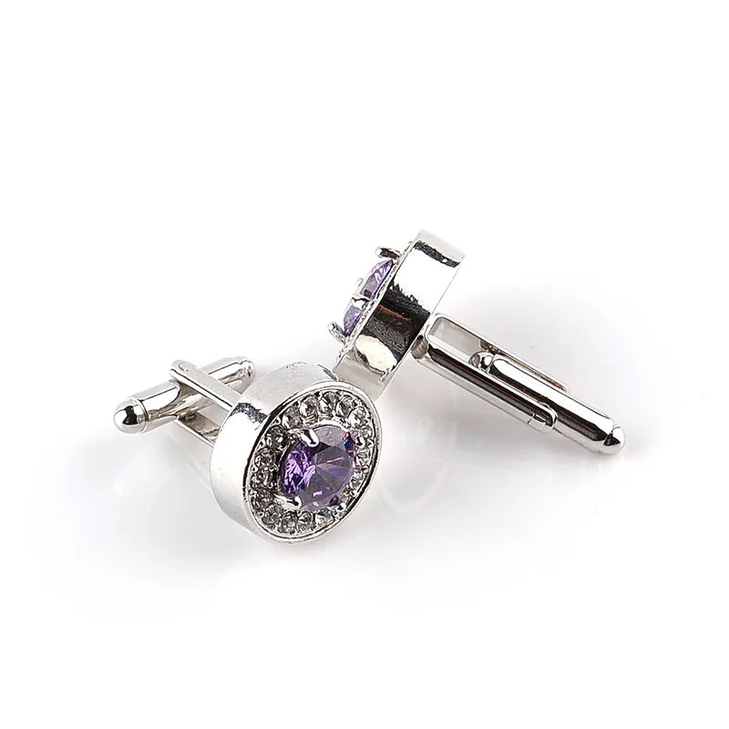 Luxury High-grade jewelry Men's White Purple Enamel Crystal Cufflinks Round Wedding Party Cufflink French shirt Cuff Buttons