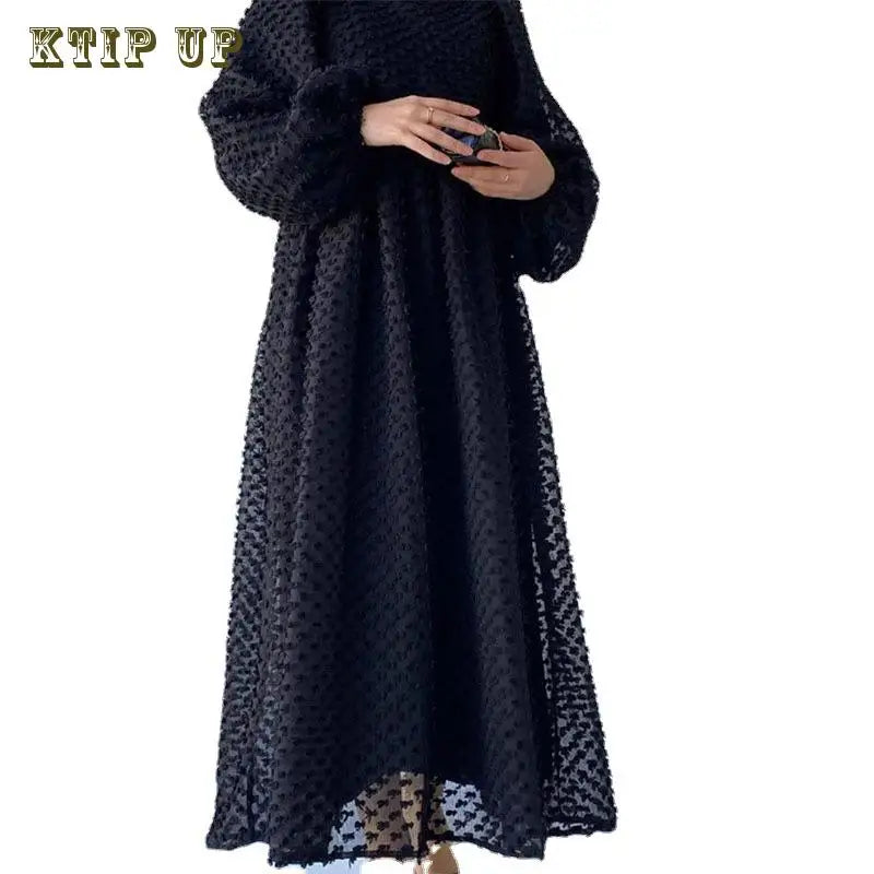 Middle East Saudi Arabia Morocco New Solid Round Neck Lantern Long Sleeve Fashion Dubai Islamic Swing Malaysia Dress Women Abaya