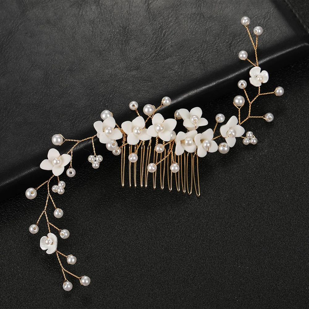 White Pearl Flower Hair Combs Jewelry Bridal Tiaras Women Headband Bridal Hair Jewelry Wedding Hair Accessories For Bride