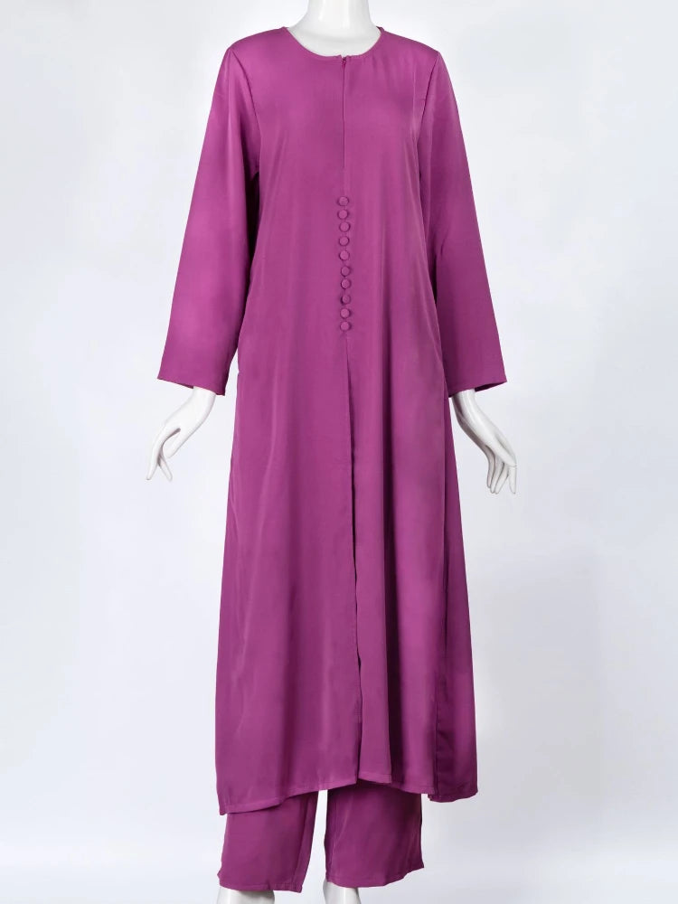 Muslim Abaya Dress Set 2 Piece Women Long Dress Arab Turkey Dubai Split O Neck Long Sleeve Top Eid Ramadan Islamic Ropa Pant Set