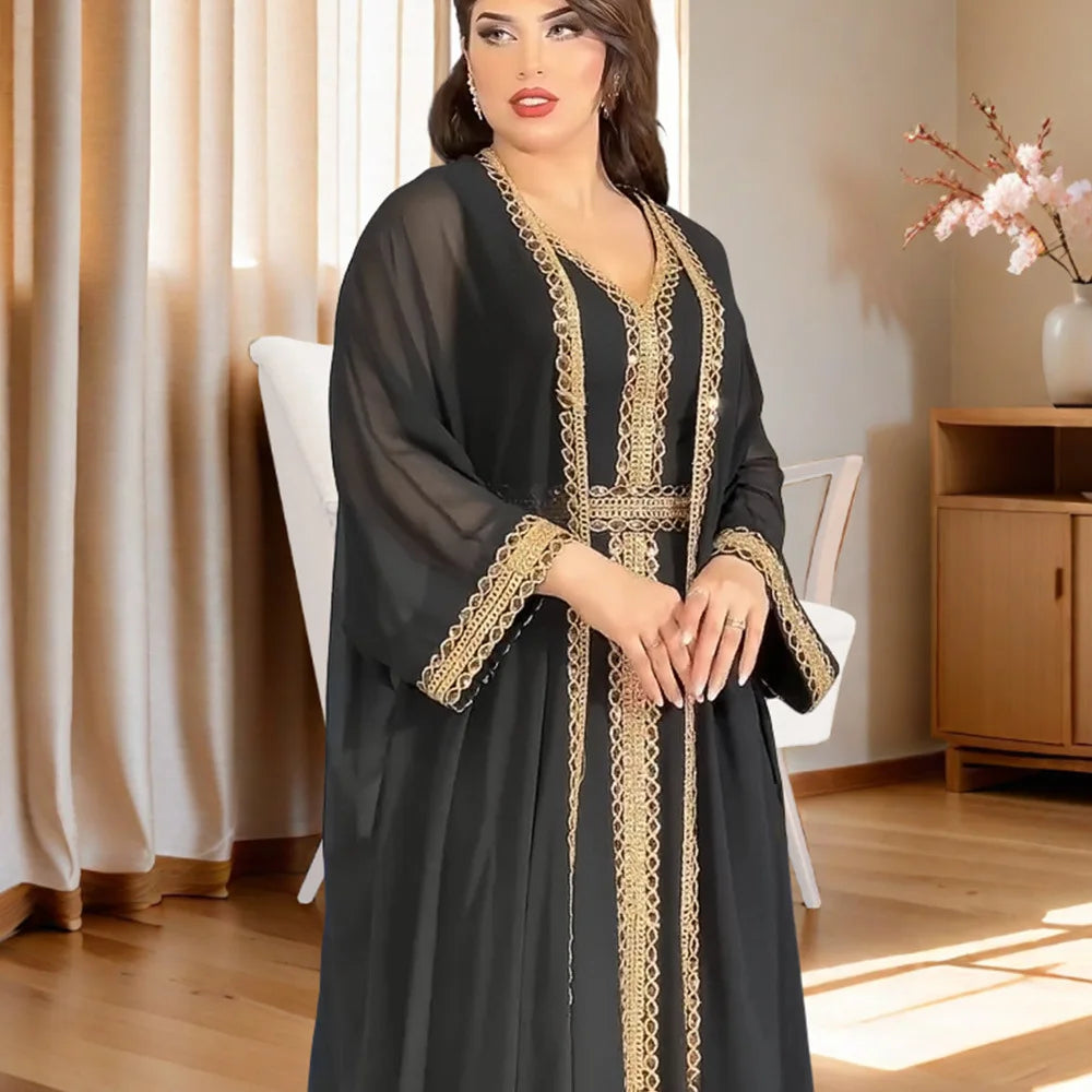 2024 Abayas for Women Dubai Elegant Muslim Women Dress 2 Piece Set Chiffon Long Sleeve Kaftan Plus Size Party Robes Outfits