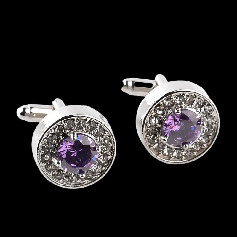 Luxury High-grade jewelry Men's White Purple Enamel Crystal Cufflinks Round Wedding Party Cufflink French shirt Cuff Buttons