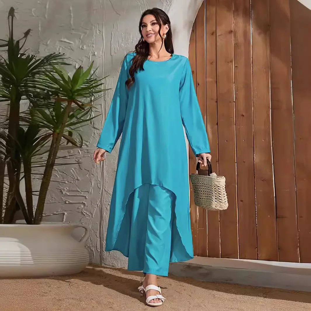 Women's Muslim Two Piece Set Fashion Elegant Solid Colour Irregular Long Dress Top Wide Leg Pants Robe